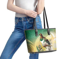New Zealand Pigeon Kereru Leather Tote Bag Maori Fern Art Green Gradient LT05 - Polynesian Pride