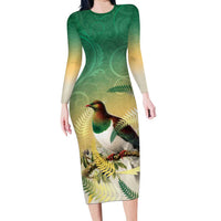 New Zealand Pigeon Kereru Long Sleeve Bodycon Dress Maori Fern Art Green Gradient LT05 Long Dress Green - Polynesian Pride