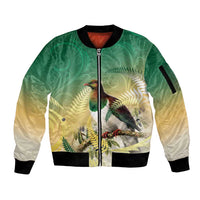 New Zealand Pigeon Kereru Sleeve Zip Bomber Jacket Maori Fern Art Green Gradient LT05 Unisex Green - Polynesian Pride