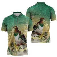 New Zealand Pigeon Kereru Zipper Polo Shirt Maori Fern Art Green Gradient LT05 - Polynesian Pride