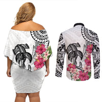 White Polynesian Hammerhead Shark Tribal Pattern Couples Matching Off Shoulder Short Dress and Long Sleeve Button Shirt