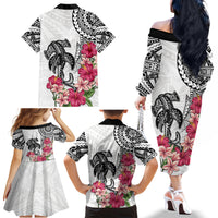White Polynesian Hammerhead Shark Tribal Pattern Family Matching Off The Shoulder Long Sleeve Dress and Hawaiian Shirt LT05 - Polynesian Pride