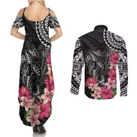 Black Polynesian Hammerhead Shark Tribal Pattern Couples Matching Summer Maxi Dress and Long Sleeve Button Shirt