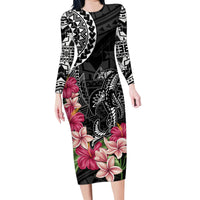 Black Polynesian Hammerhead Shark Tribal Pattern Family Matching Long Sleeve Bodycon Dress and Hawaiian Shirt LT05 Mom's Dress Black - Polynesian Pride