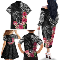 Black Polynesian Hammerhead Shark Tribal Pattern Family Matching Off The Shoulder Long Sleeve Dress and Hawaiian Shirt LT05 - Polynesian Pride