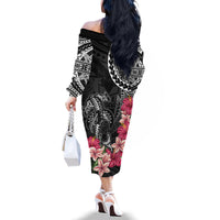 Black Polynesian Hammerhead Shark Tribal Pattern Family Matching Off The Shoulder Long Sleeve Dress and Hawaiian Shirt LT05 - Polynesian Pride