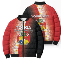 Personalised Tonga Emancipation Day Bomber Puffer Jacket Tongan Ngatu Pattern With Plumeria