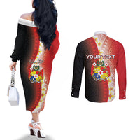 Personalised Tonga Emancipation Day Couples Matching Off The Shoulder Long Sleeve Dress and Long Sleeve Button Shirt Tongan Ngatu Pattern With Plumeria LT05 - Polynesian Pride