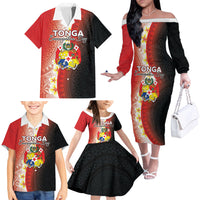 Personalised Tonga Emancipation Day Family Matching Off The Shoulder Long Sleeve Dress and Hawaiian Shirt Tongan Ngatu Pattern With Plumeria LT05 - Polynesian Pride