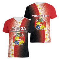 Personalised Tonga Emancipation Day Women V-Neck T-Shirt Tongan Ngatu Pattern With Plumeria