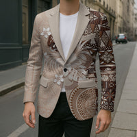 Tonga Ngatu Motifs Blazer With Coat Of Arms Beige