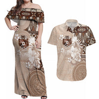 Tonga Ngatu Motifs Couples Matching Off Shoulder Maxi Dress and Hawaiian Shirt With Coat Of Arms Beige LT05 Beige - Polynesian Pride