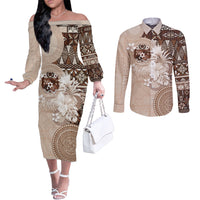 Tonga Ngatu Motifs Couples Matching Off The Shoulder Long Sleeve Dress and Long Sleeve Button Shirt With Coat Of Arms Beige LT05 Beige - Polynesian Pride