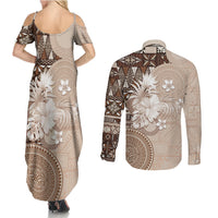Tonga Ngatu Motifs Couples Matching Summer Maxi Dress and Long Sleeve Button Shirt With Coat Of Arms Beige LT05 - Polynesian Pride