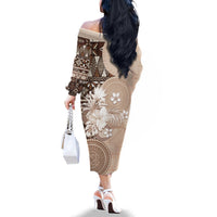 Tonga Ngatu Motifs Family Matching Off The Shoulder Long Sleeve Dress and Hawaiian Shirt With Coat Of Arms Beige LT05 - Polynesian Pride