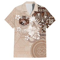 Tonga Ngatu Motifs Family Matching Off Shoulder Maxi Dress and Hawaiian Shirt With Coat Of Arms Beige LT05 Dad's Shirt - Short Sleeve Beige - Polynesian Pride