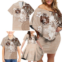 Tonga Ngatu Motifs Family Matching Off Shoulder Short Dress and Hawaiian Shirt With Coat Of Arms Beige LT05 - Polynesian Pride