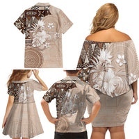 Tonga Ngatu Motifs Family Matching Off Shoulder Short Dress and Hawaiian Shirt With Coat Of Arms Beige LT05 - Polynesian Pride