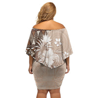 Tonga Ngatu Motifs Family Matching Off Shoulder Short Dress and Hawaiian Shirt With Coat Of Arms Beige LT05 - Polynesian Pride