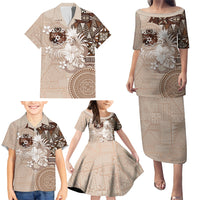 Tonga Ngatu Motifs Family Matching Puletasi and Hawaiian Shirt With Coat Of Arms Beige LT05 - Polynesian Pride