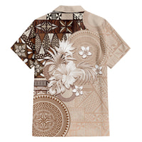 Tonga Ngatu Motifs Family Matching Puletasi and Hawaiian Shirt With Coat Of Arms Beige LT05 - Polynesian Pride