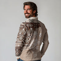 Tonga Ngatu Motifs Long Sleeve Polo Shirt With Coat Of Arms Beige