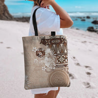 Tonga Ngatu Motifs Tote Bag With Coat Of Arms Beige