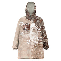 Tonga Ngatu Motifs Wearable Blanket Hoodie With Coat Of Arms Beige