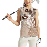 Tonga Ngatu Motifs Women Sleeveless Polo Shirt With Coat Of Arms Beige LT05 - Polynesian Pride
