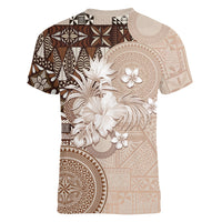 Tonga Ngatu Motifs Women V-Neck T-Shirt With Coat Of Arms Beige LT05 - Polynesian Pride
