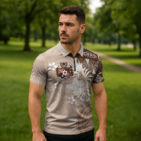 Tonga Ngatu Motifs Zipper Polo Shirt With Coat Of Arms Beige