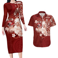 Tonga Ngatu Motifs Couples Matching Long Sleeve Bodycon Dress and Hawaiian Shirt With Coat Of Arms Red LT05 Red - Polynesian Pride
