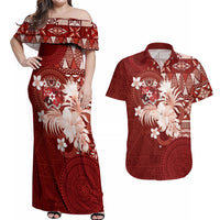 Tonga Ngatu Motifs Couples Matching Off Shoulder Maxi Dress and Hawaiian Shirt With Coat Of Arms Red LT05 Red - Polynesian Pride
