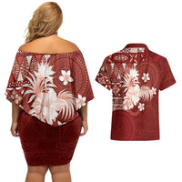 Tonga Ngatu Motifs Couples Matching Off Shoulder Short Dress and Hawaiian Shirt With Coat Of Arms Red LT05 - Polynesian Pride