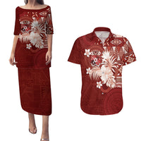 Tonga Ngatu Motifs Couples Matching Puletasi and Hawaiian Shirt With Coat Of Arms Red LT05 Red - Polynesian Pride