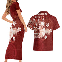 Tonga Ngatu Motifs Couples Matching Short Sleeve Bodycon Dress and Hawaiian Shirt With Coat Of Arms Red LT05 - Polynesian Pride