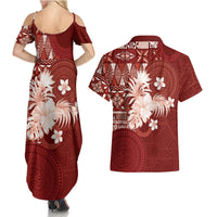 Tonga Ngatu Motifs Couples Matching Summer Maxi Dress and Hawaiian Shirt With Coat Of Arms Red LT05 - Polynesian Pride