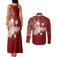 Tonga Ngatu Motifs Couples Matching Tank Maxi Dress and Long Sleeve Button Shirt With Coat Of Arms Red LT05 - Polynesian Pride