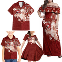 Tonga Ngatu Motifs Family Matching Off Shoulder Maxi Dress and Hawaiian Shirt With Coat Of Arms Red LT05 - Polynesian Pride