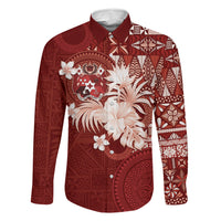 Tonga Ngatu Motifs Family Matching Tank Maxi Dress and Hawaiian Shirt With Coat Of Arms Red LT05 Dad's Shirt - Long Sleeve Red - Polynesian Pride