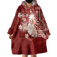 Tonga Ngatu Motifs Wearable Blanket Hoodie With Coat Of Arms Red