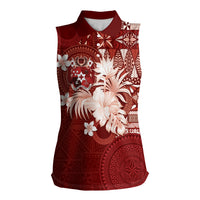 Tonga Ngatu Motifs Women Sleeveless Polo Shirt With Coat Of Arms Red LT05 Female Red - Polynesian Pride