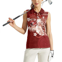 Tonga Ngatu Motifs Women Sleeveless Polo Shirt With Coat Of Arms Red LT05 - Polynesian Pride