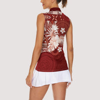 Tonga Ngatu Motifs Women Sleeveless Polo Shirt With Coat Of Arms Red LT05 - Polynesian Pride