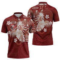 Tonga Ngatu Motifs Zipper Polo Shirt With Coat Of Arms Red