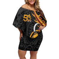 Personalised Papua New Guinea Family Matching Off Shoulder Short Dress and Hawaiian Shirt Happy 50th Independence Anniversary LT05 Mom's Dress Black - Polynesian Pride