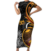 Personalised Papua New Guinea Family Matching Short Sleeve Bodycon Dress and Hawaiian Shirt Happy 50th Independence Anniversary LT05 Mom's Dress Black - Polynesian Pride