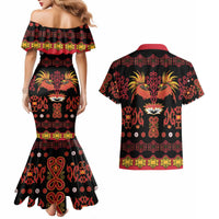 Papua Batik Motif Couples Matching Mermaid Dress and Hawaiian Shirt Papua Spirit Black Version LT05 - Polynesian Pride