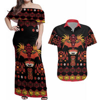 Papua Batik Motif Couples Matching Off Shoulder Maxi Dress and Hawaiian Shirt Papua Spirit Black Version LT05 Black - Polynesian Pride