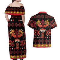 Papua Batik Motif Couples Matching Off Shoulder Maxi Dress and Hawaiian Shirt Papua Spirit Black Version LT05 - Polynesian Pride